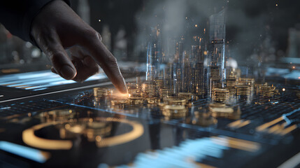 Hand Touching Digital Display With Cityscape And Coin Stacks
