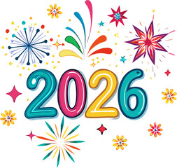 Happy New Year fireworks celebration vector with colorful night sky, glowing stars, sparkles and festive 2026