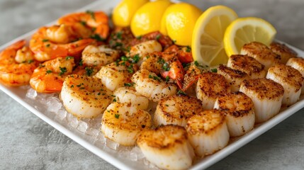 Fresh Seafood Platter with Shrimp, Scallops and Lemon Slices