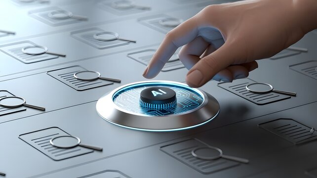 Human finger pressing A I button with circuit board and magnifying glass icons artificial