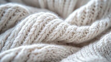 Close-up of an intricately woven cream-colored cable knit sweater fabric