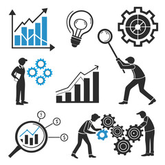 Business growth and development concepts illustrated with icons of people gears graphs and a lightbulb symbolizing innovation and teamwork