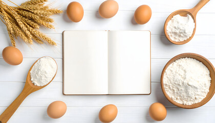 Flat lay of baking ingredients including eggs, flour, and wheat stalks surrounding an open blank notebook for recipes