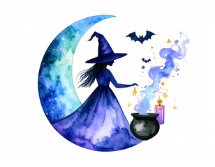 Naklejka premium Whimsical watercolor illustration of a witch conjuring magic under a crescent moon