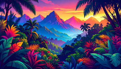 Pixelated Mountain Range Landscape at Sunset with Lush Tropical Vegetation in a Vibrant Color Palette