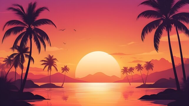 Tropical sunset background with palm silhouettes and glowing gradient sky.