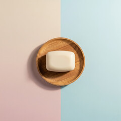 Clean Beauty Minimalist Soap Bar on Wooden Dish with Pastel Background, Hygiene Still Life