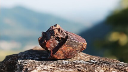Naklejka premium Brownish amber gemstone on rock with blurred natural background