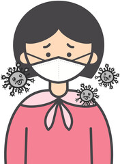 Sick person wearing mask with virus illustration