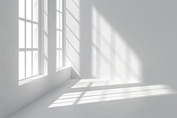 Obraz premium Sunlit corner room, empty, white walls, window light, minimalist design, interior background