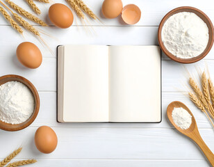 Recipe Book Surrounded by Baking Ingredients on a Rustic White Wooden Table