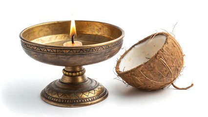 Ornate brass oil lamp with burning wick beside a halved coconut