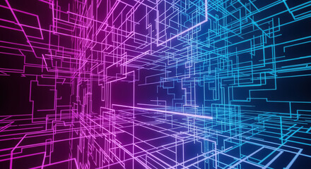 Fototapeta premium Abstract 3D grid of glowing lines in pink and blue tones representing metaverse architecture, and cybersecurity networks 