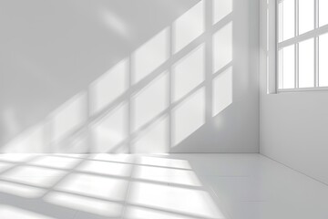 Sunlit empty room corner, white walls, floor, large window, minimalist design, background for product display
