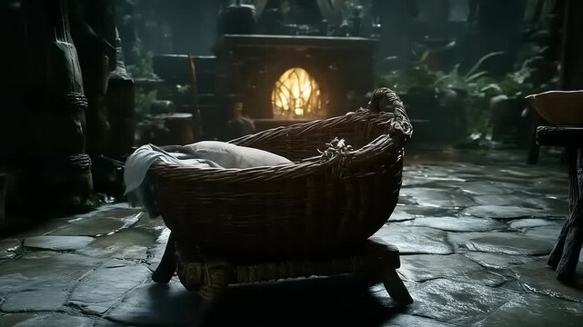 Mystical woven cradle in an old stone cottage, bathed in gentle firelight glow
