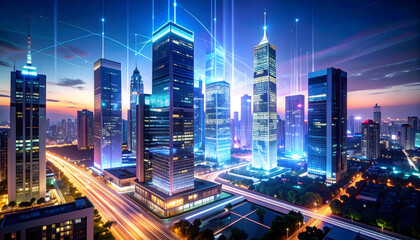 Dynamic Cityscape At Night Featuring Illuminated Skyscrapers Connected By Digital Lines Across A Vivid Sky