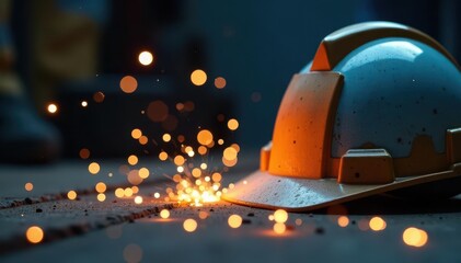 Close-up of a hard hat and welding sparks near metal , protective gear, manufacturing