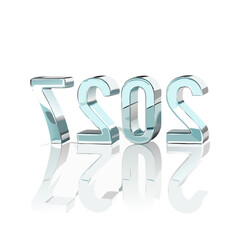Three dimensional metallic numbers 2021 with a reflective surface and light blue tint against a black background