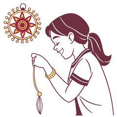 A young girl with a ponytail and a smile holds a golden pendant with a tassel looking at it with joy and anticipation
