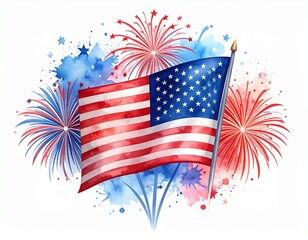 Obraz premium Festive watercolor illustration of USA flag with vibrant fireworks display, celebration