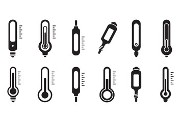 Set of black thermometer icons on white background. Minimalist symbols representing medical, weather, and temperature measurement