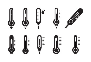 Set of black thermometer icons on white background. Minimalist symbols representing medical, weather, and temperature measurement