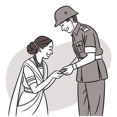 A smiling woman in traditional indian attire receives money from a uniformed man wearing a helmet in a friendly exchange