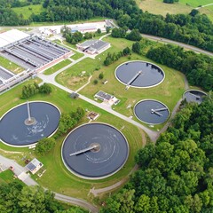 Aerial view of a wastewater treatment plant with circular sedimentation tanks (1)