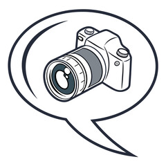 Stylized illustration of a digital camera with a prominent lens inside a speech bubble symbolizing communication and photography