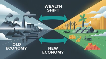 Visualizing wealth shift from old to new economy showcasing the dynamic transition and wealth redistribution