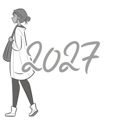 A stylish young woman wearing a beanie and a long coat walks past the number 2027 in a minimalist illustration