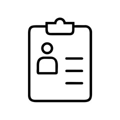 Black outline of a clipboard with a person icon and three lines representing text on a white background