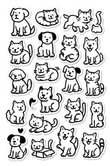 Dog and Cat Sticker Collection—Hand-Drawn Pet Doodles with Bold Outlines.