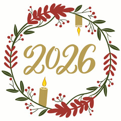 Obraz premium Festive 2026 new year celebration with a decorative wreath featuring candles and berries in a classic color palette