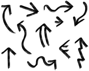 Brush stroke set of black arrows hand drawn illustration.