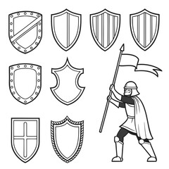 Collection of medieval shields and a knight holding a flag symbolizing protection and heraldry in a stylized outline design