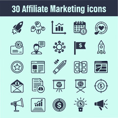 Collection of 30 hand drawn outline icons representing various aspects of affiliate marketing and business growth strategies