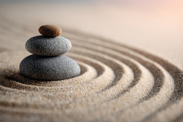 Zen stones on sand; calm, balanced stack
