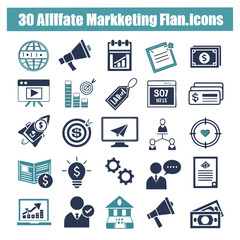 Collection of 30 flat design icons representing various aspects of affiliate marketing and business growth strategies including finance and planning