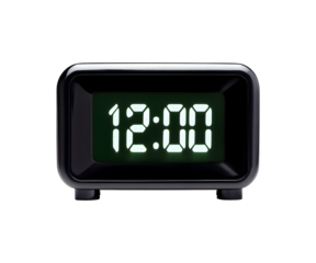 Digital alarm clock displaying 12:00 isolated on transparent background, PNG format, cut out