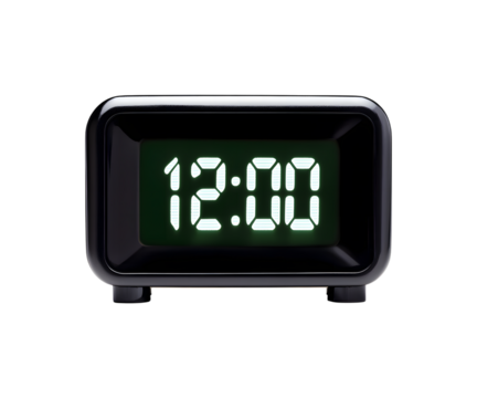 Digital alarm clock displaying 12:00 isolated on transparent background, PNG format, cut out - Powered by Adobe