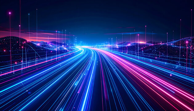 Abstract Digital Highway Scene at Night with Blue and Pink Light Trails across a City Skyline