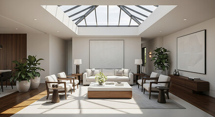 Fototapeta premium A bright and spacious living room with skylight, white furniture, and potted plants in a modern home