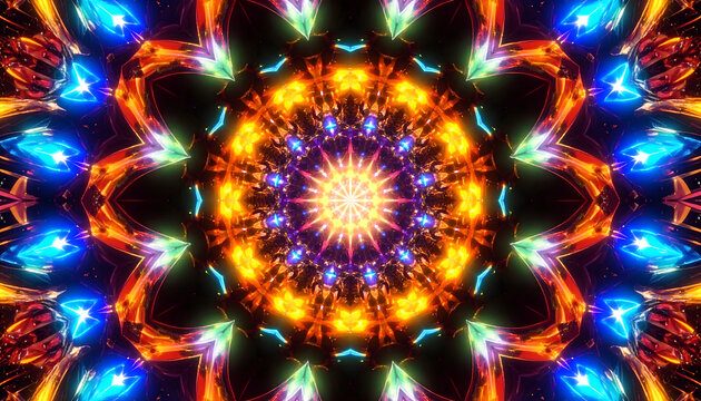 Abstract Digital Kaleidoscope Artwork with Geometric Patterns and a Burst of Colors