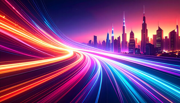 Abstract Digital Artwork of a Cityscape at Night with Neon Light Trails and Urban Modern Architecture