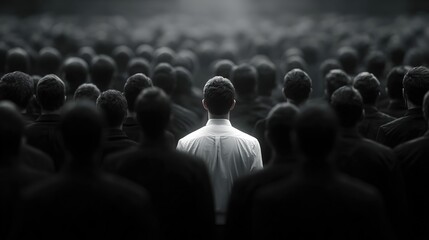 Obraz premium Man in White Shirt Standing Among Crowd of Men in Black Shirts: The Chosen One, Concept of Different Contrast Opinions