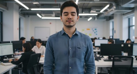Fototapeta premium Mindful Moment: Young Man Meditates in Busy Open-Plan Office