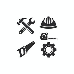 Construction tools and safety gear icons arranged on a white background.