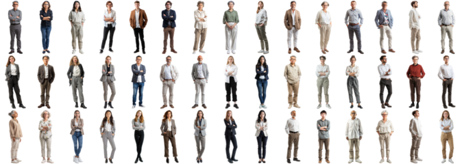 Many business people set isolated background, casual formal attire wear, full body length, networking mixed different diversed businesspeople, happy male female, successful career, crisp edges style