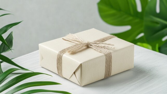A beautifully wrapped gift box tied with natural twine, elegantly placed on a light surface, surrounded by lush green leaves, perfect for celebrations.